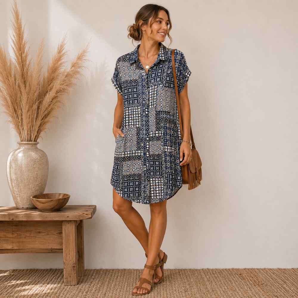 Apricot Patchwork Shirt Mini Dress Women's Size 10 Casual Boho Retro Inspired